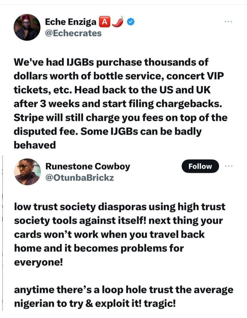 IJGB?s accused of demanding chargebacks from their banks after returning home following detty December in Nigeria