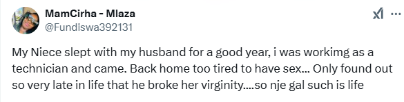 “My niece slept with my husband for a year” – South African woman reveals