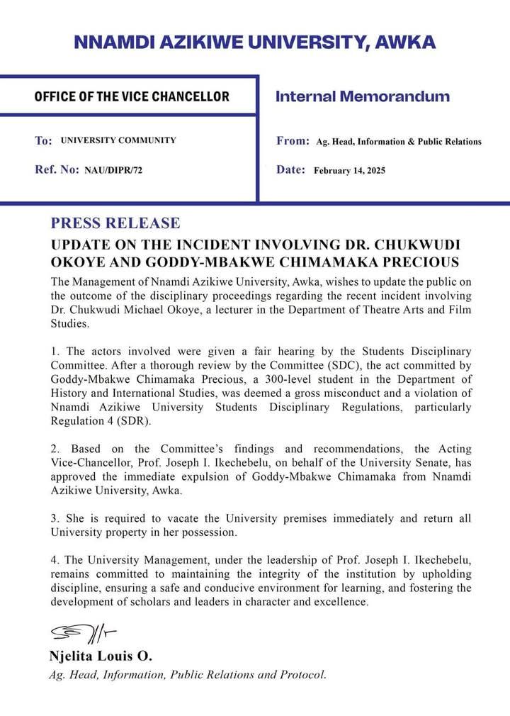 Unizik expels student who fought her lecturer after he interrupted her dance video