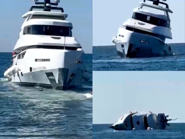 Moment brand new $940,000 luxury yacht sinks 15 minutes after being launched in water