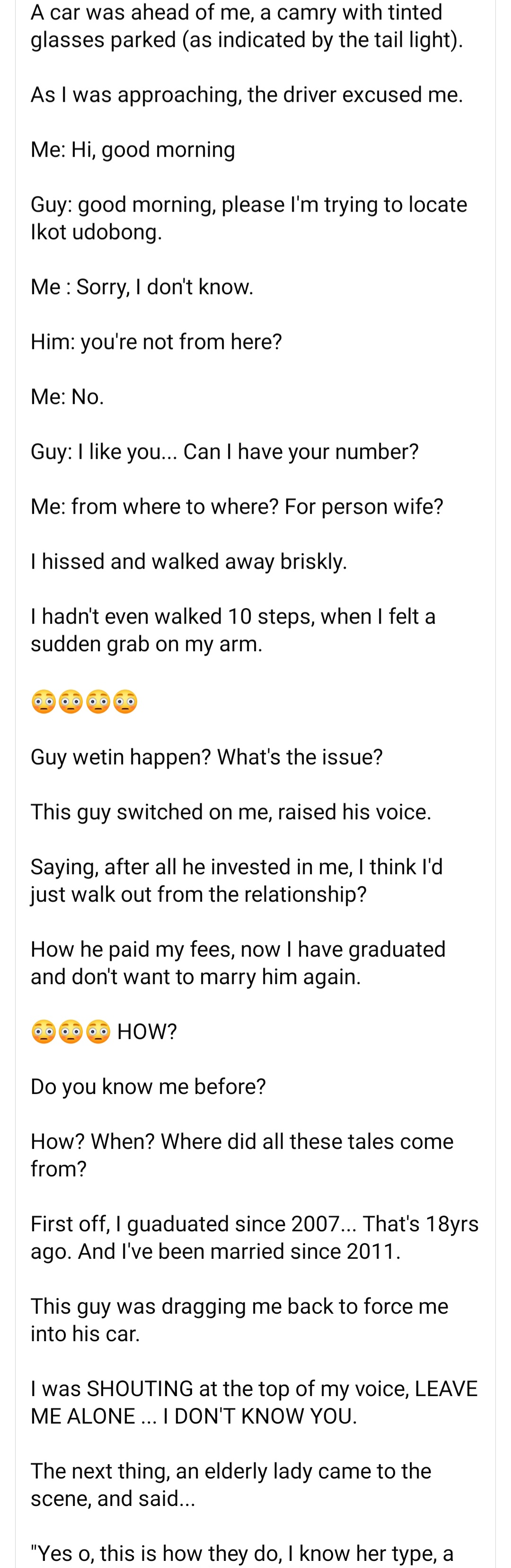 Married woman narrates how she was almost kidnapped in Akwa Ibom and the tactic the kidnapper used that made passersby ignore her cry for help