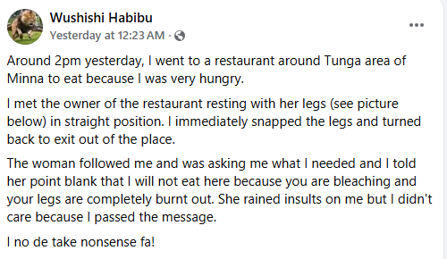 She rained insults on me but I didn’t care – Niger State govt official claims he left a restaurant without eating because the owner bleaches her skin