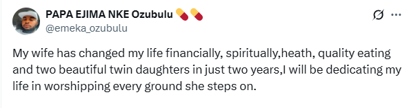 I will dedicate my life in worshipping every ground she steps on – Nigerian man expresses gratitude to his wife for changing his life financially and spiritually