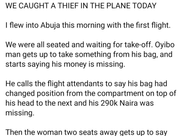 “We caught a thief on the plane today” businesswoman narrates dramatic incident with thief who stole from a white man on Abuja-bound flight