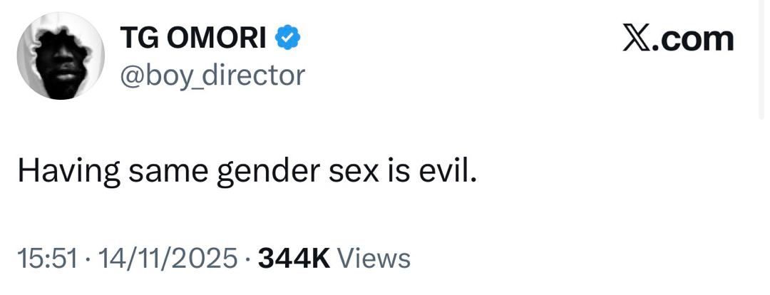 Having same gender s#x is ev!l - Music video director, TG Omori